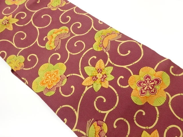 縮緬地型染花唐草に松模様織出し名古屋帯